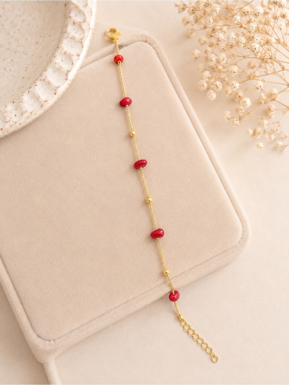 Gold Chain Bracelet with Red Bead Accents